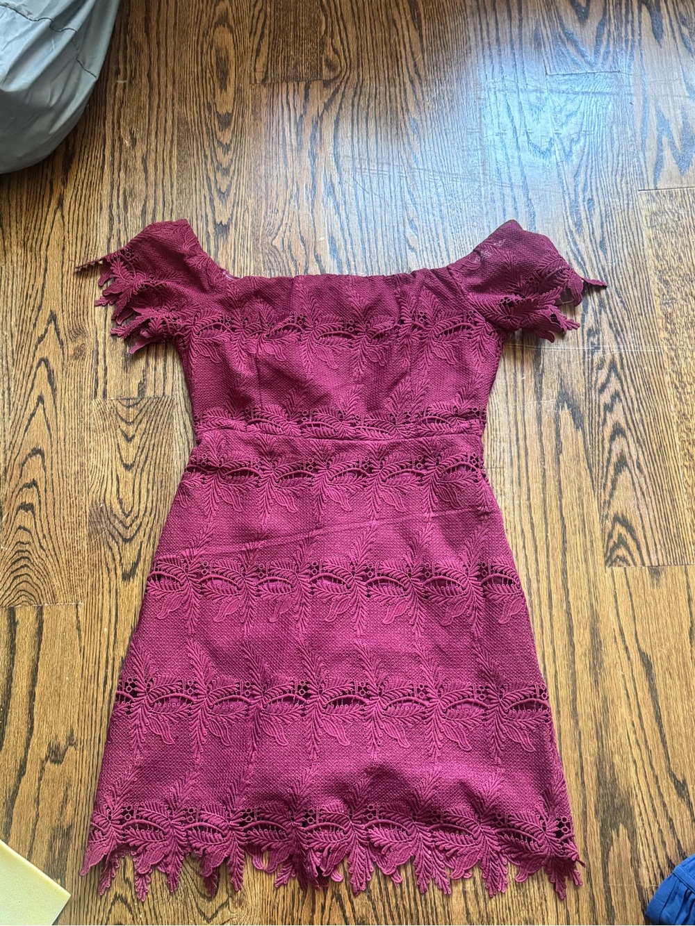Astr Off-the-Shoulder Lace Mini Dress in Burgundy